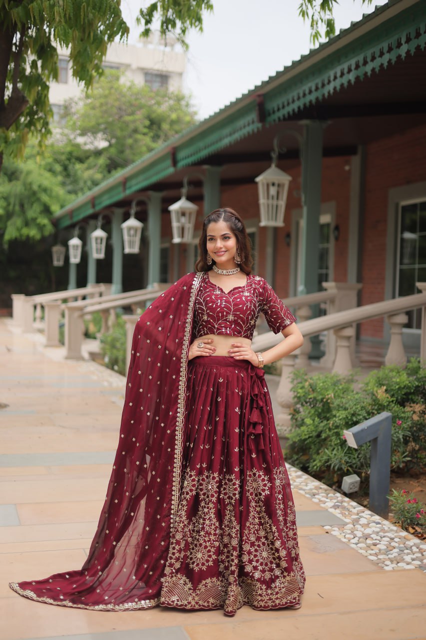 Incredible Maroon Embroidered Silk Wedding Lehenga Choli With Dupatta By Stylish Ethnic