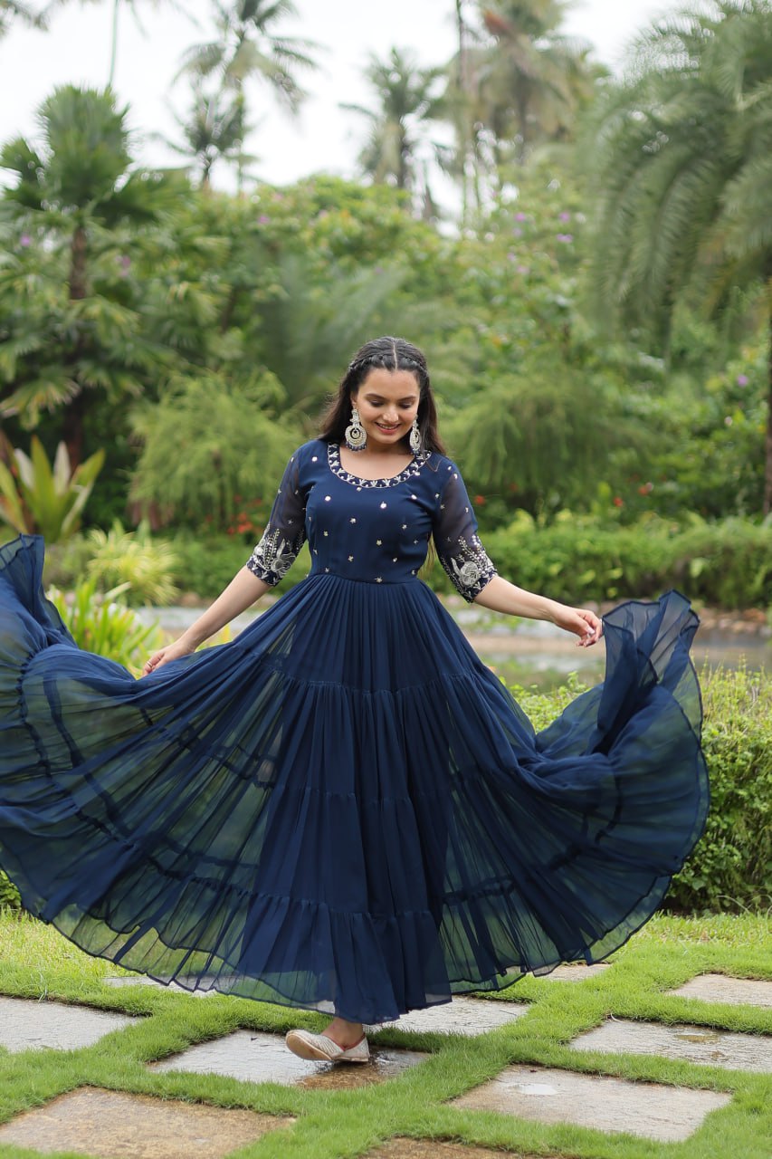 Blue Zari Sequin Embroidered Faux Blooming Gown By Stylish Ethnic