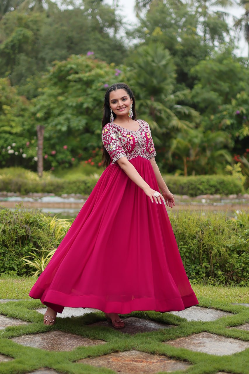 Maroon Zari Sequin Embroidered Faux Blooming Gown By Stylish Ethnic