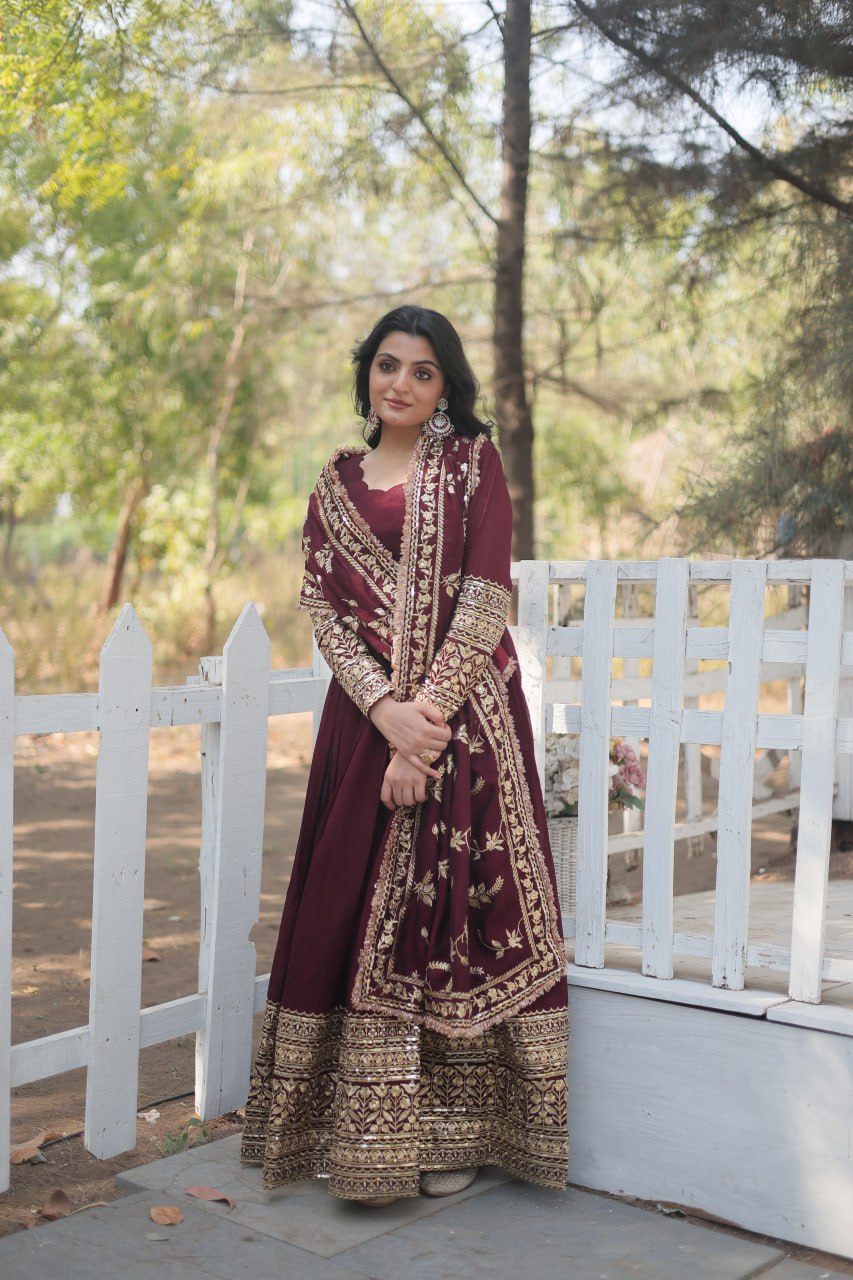 Elegant Heavy Faux Georgette Stitched Gown Set By Stylish Ethnic