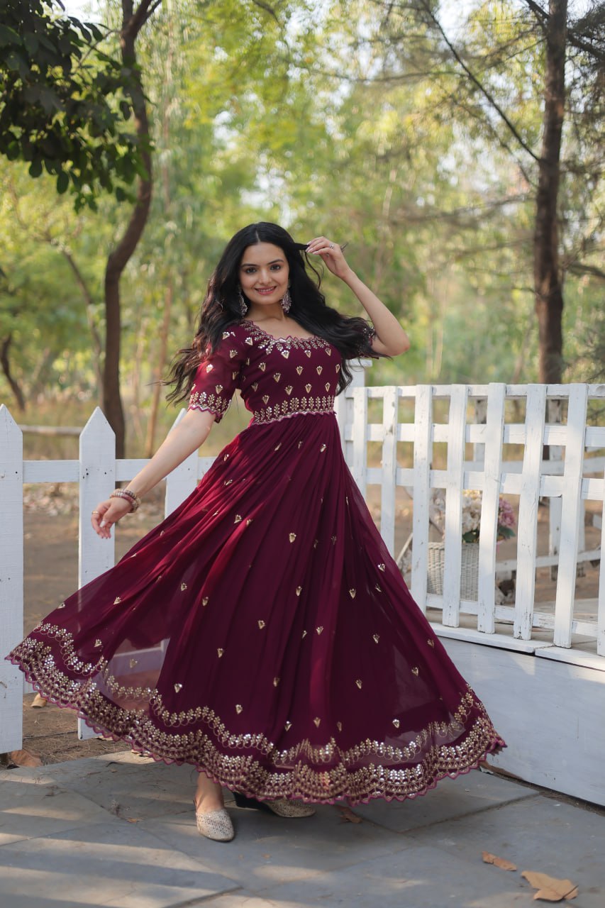 Luxury Zari Thread Sequins Embroidery Work Gown By Stylish Ethnic