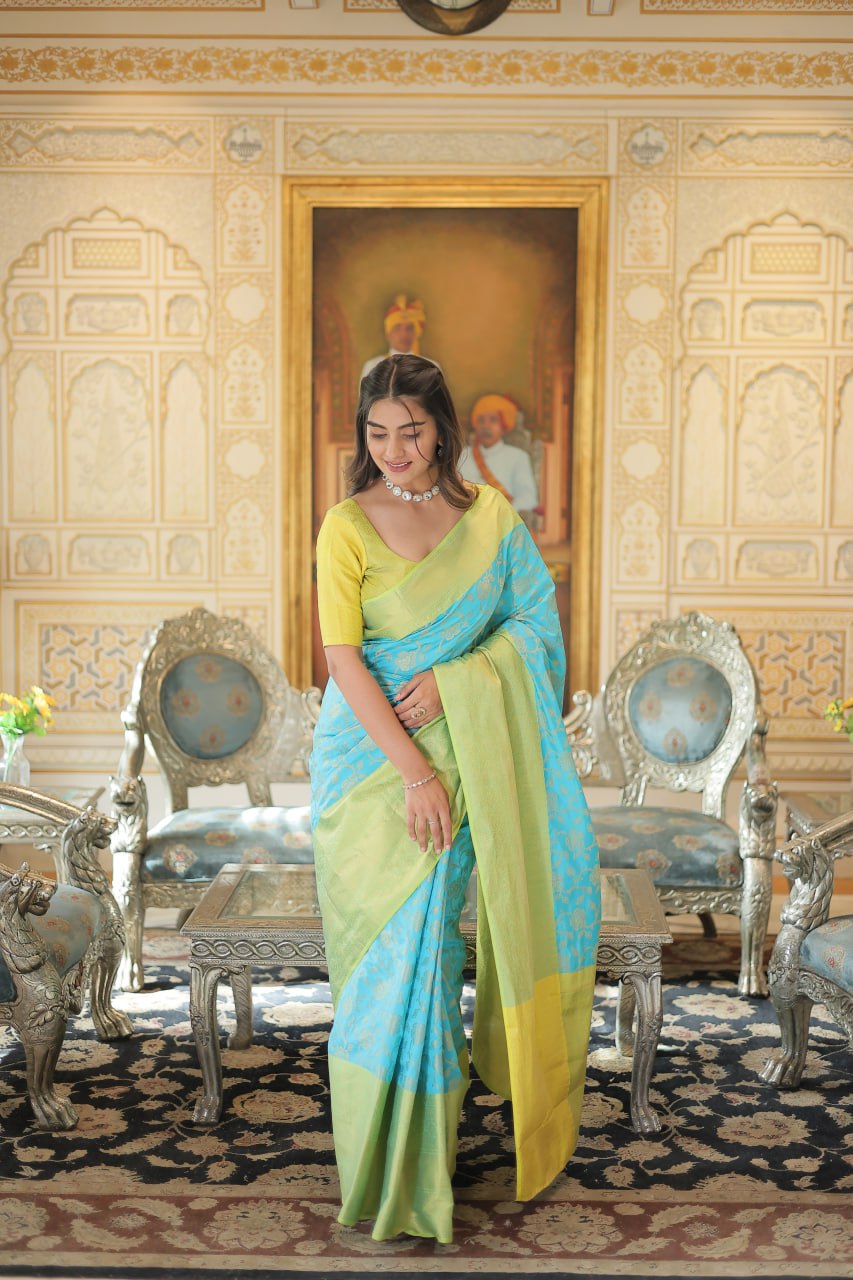 Sky Blue Color Kanjivaram Soft Silk Saree By Stylish Ethnic