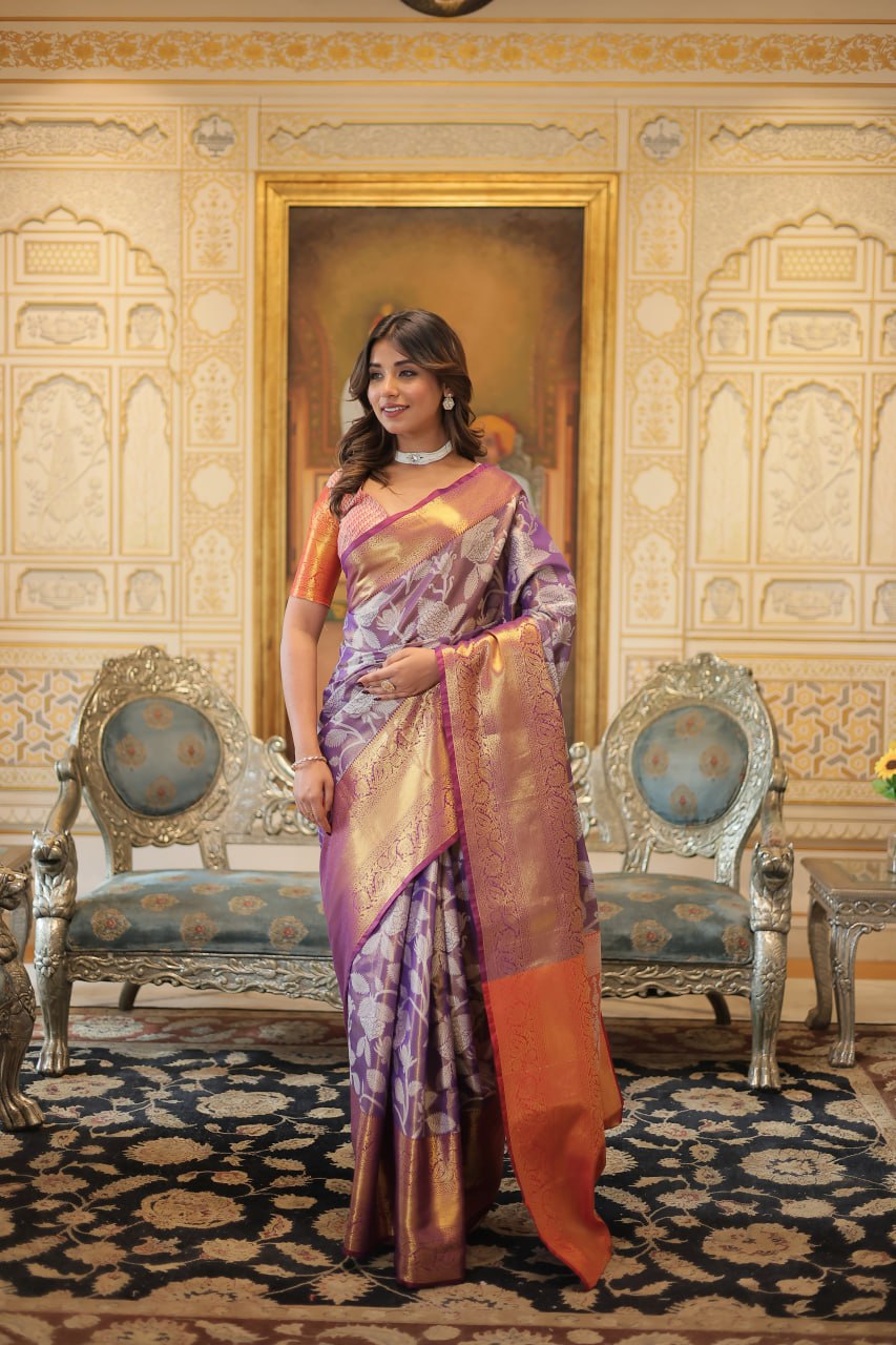Exquisite Kanjivaram Silk Purple Saree with Zari Weaving Work By Stylish Ethnic