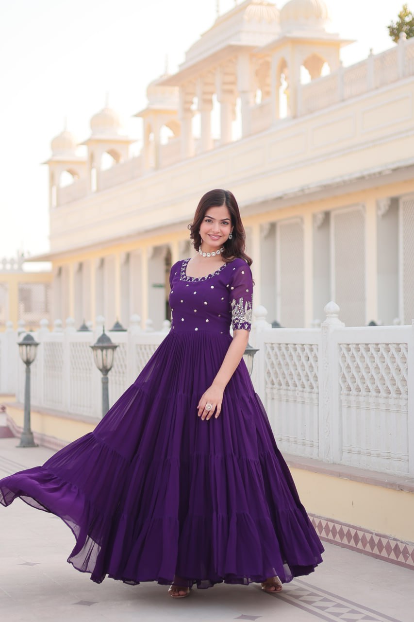 Fascinating Purple Embroidered Georgette Festival Wear Gown By Stylish Ethnic