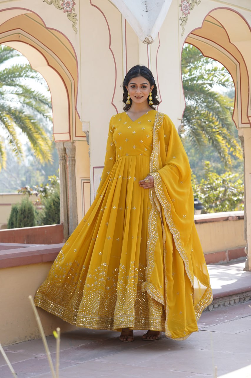 Women Embroidered Thread Work Georgette Yellow Anarkali Kurta By Stylish Ethnic