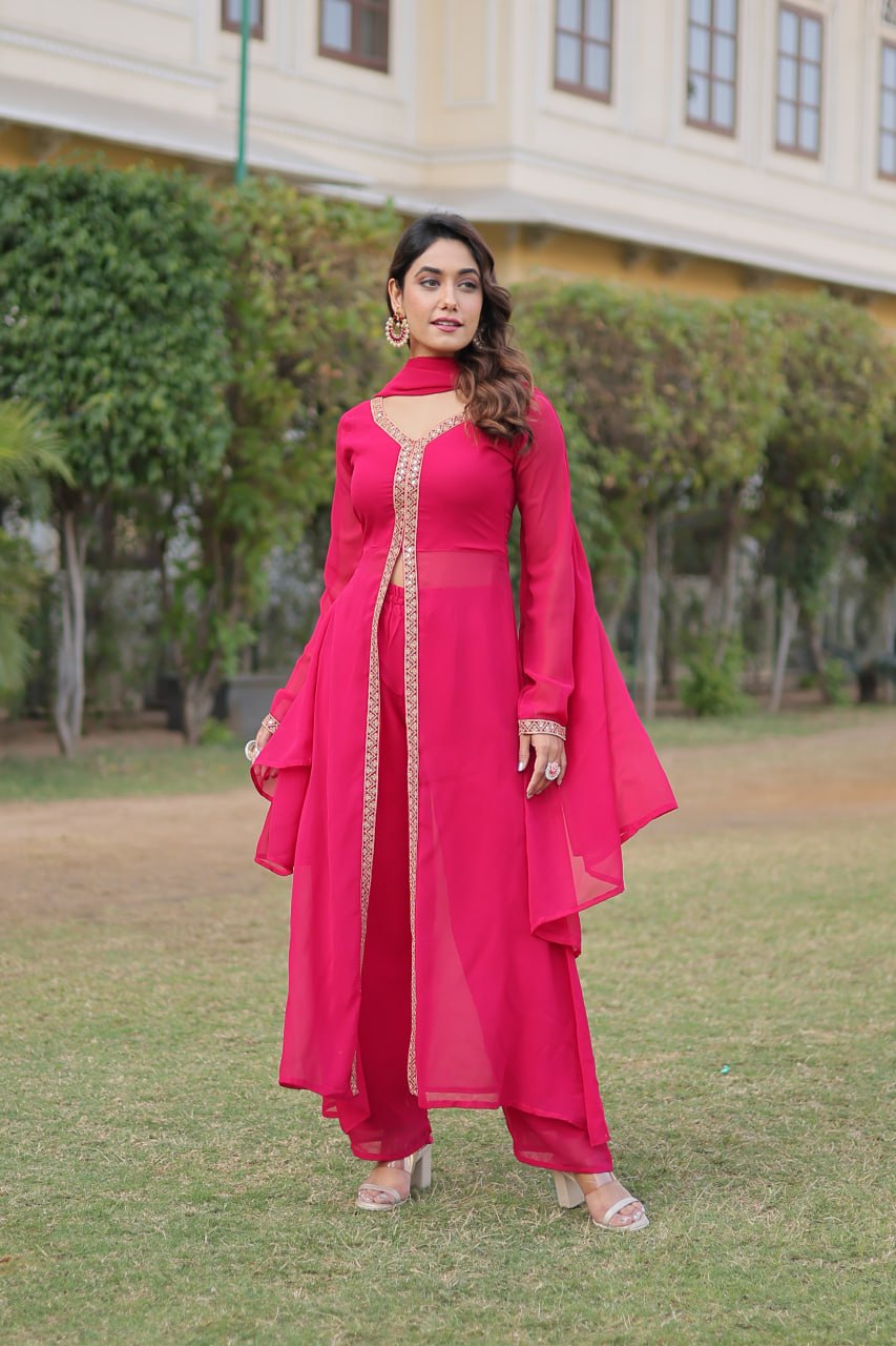 Pink Plain Georgette Kurta Pant With Dupatta By Stylish Ethnic