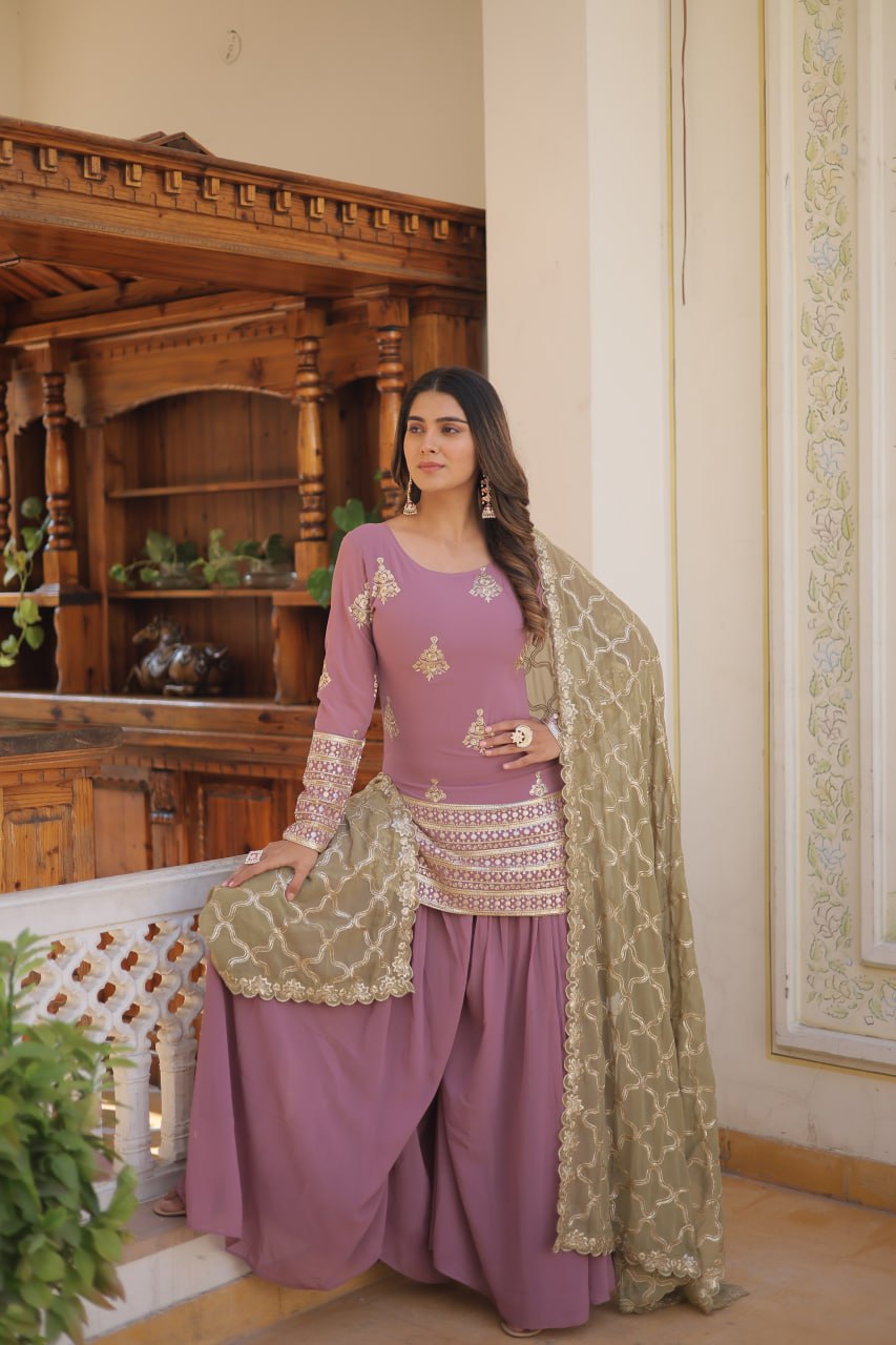 Cascade Lavender Stunning Faux Georgette Kurti-Palazzo-Dupatta Set with Sequin & Thread Embroidery
