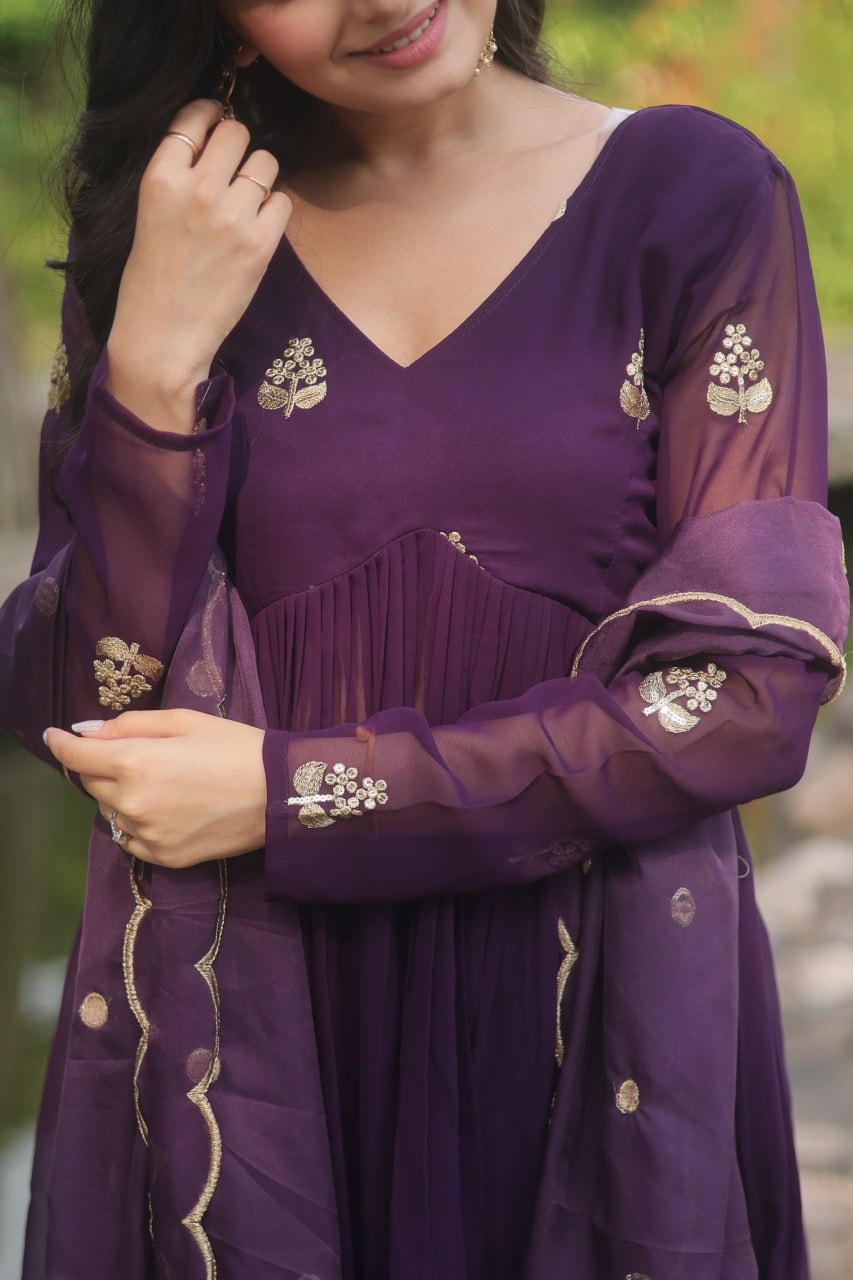Wine Nayra Cut Anarkali Suit with Embroidery Work
