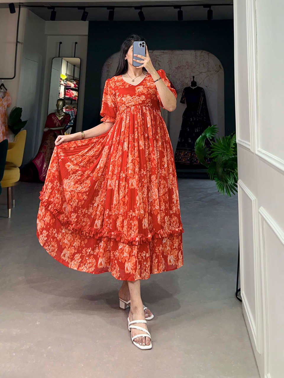 Orange Floral Print Midi Dress with Puff Sleeves