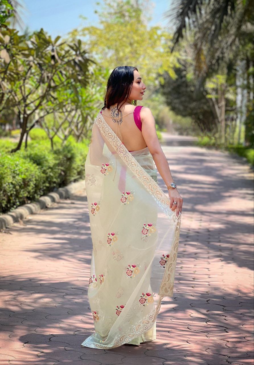 Beautiful Cream Color Designer Soft Silver Tissue Silk Saree