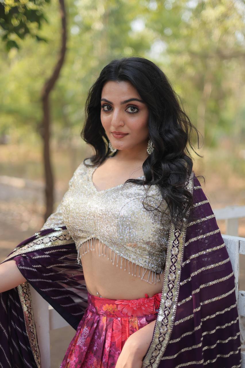 White and Purple Lehenga Choli in Georgette With Print and Sequence Lehenga Choli