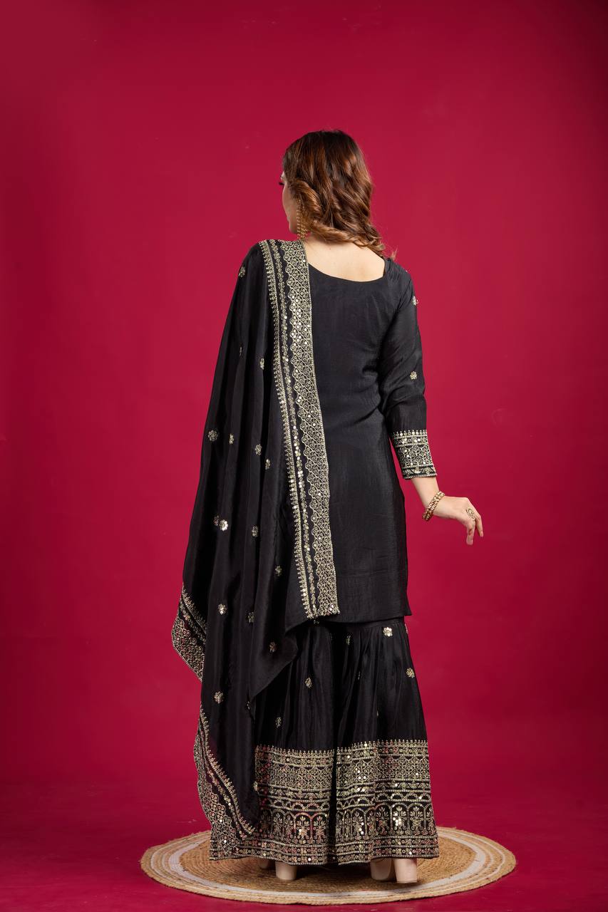 Black Chinnon Silk With Heavy Embroidery Sequence Work Top-Plazo And Dupatta Set