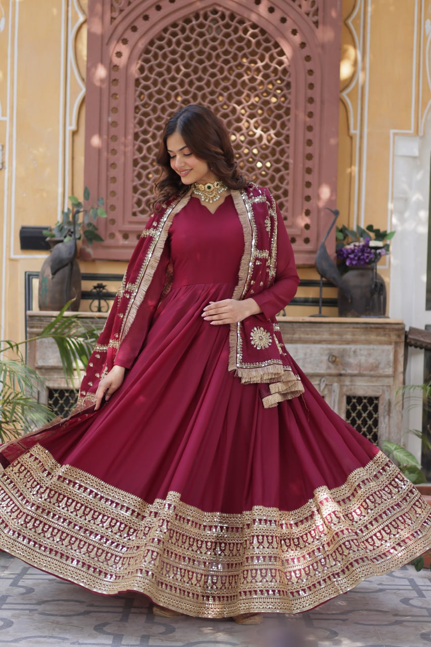 Faux Georgette Embroidered Maroon Anarkali Gown For Women
