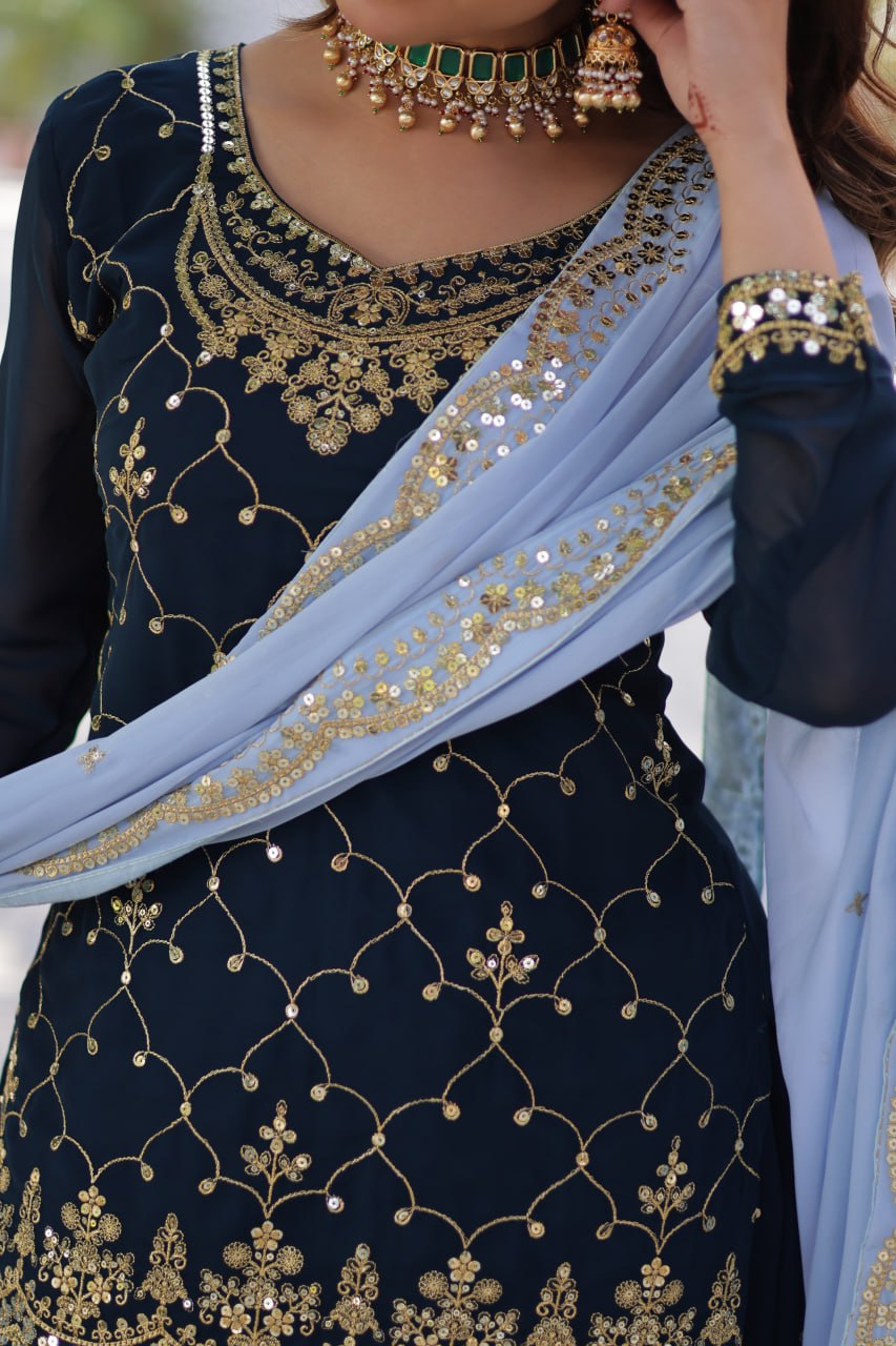 Faux Blooming Embroidered Work Firozi Blue Kurti And Plazzo Suit