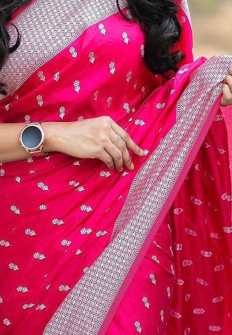 Pink Color Floral Woven Saree with Contrast Border