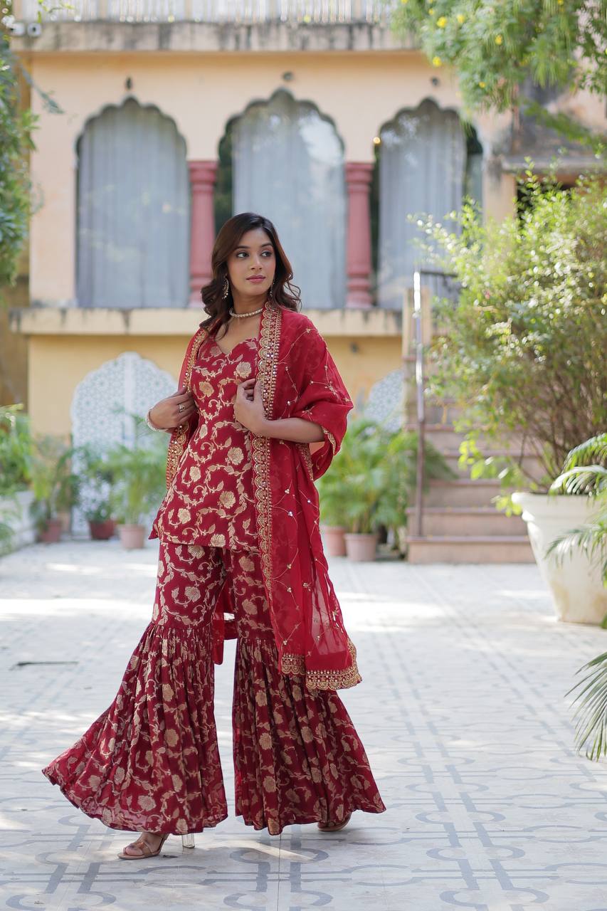 Premium Maroon Jacquard Silk Sharara-Gharara Suit