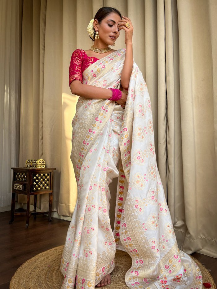 White Floral Woven Banarasi Saree with Contrast Border