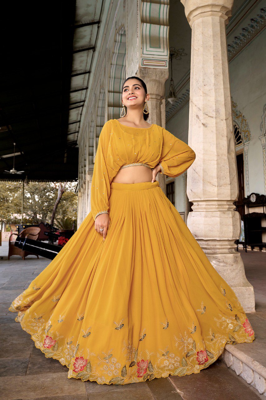 Beautiful Yellow Embroidered Georgette Haldi Wear Crop Top Lehenga