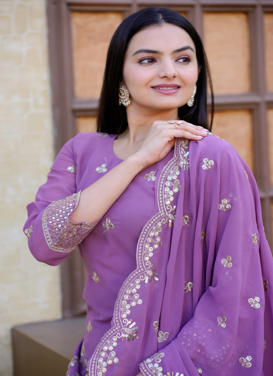Lavender Sequence Embroidery Work Designer Sharara Suit