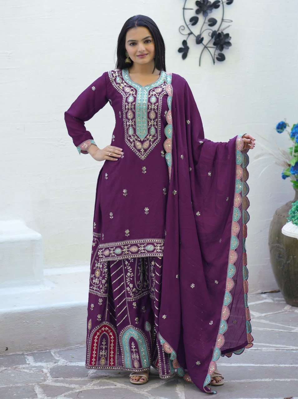 Wine Designer Embroidered Chinon Suit With Sequence Work