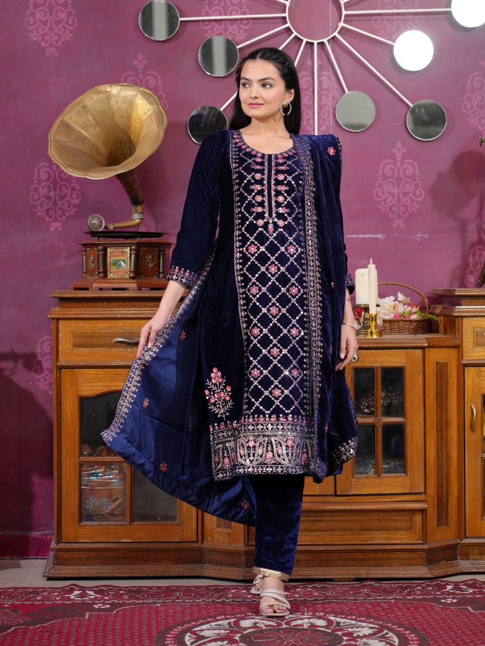 Navy Blue Velvet Readymade Pant Style Suit