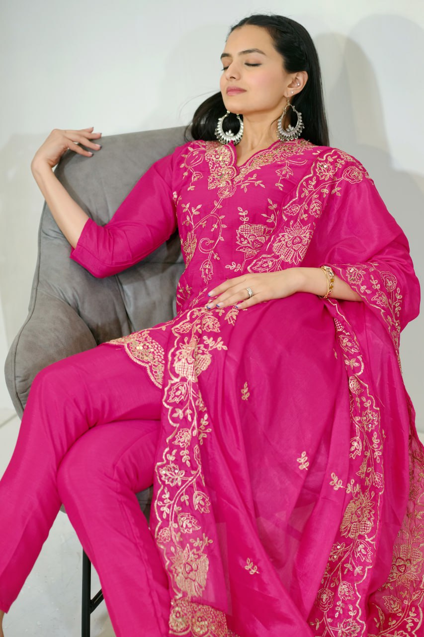 Pink Embroidered Straight Kurta Set