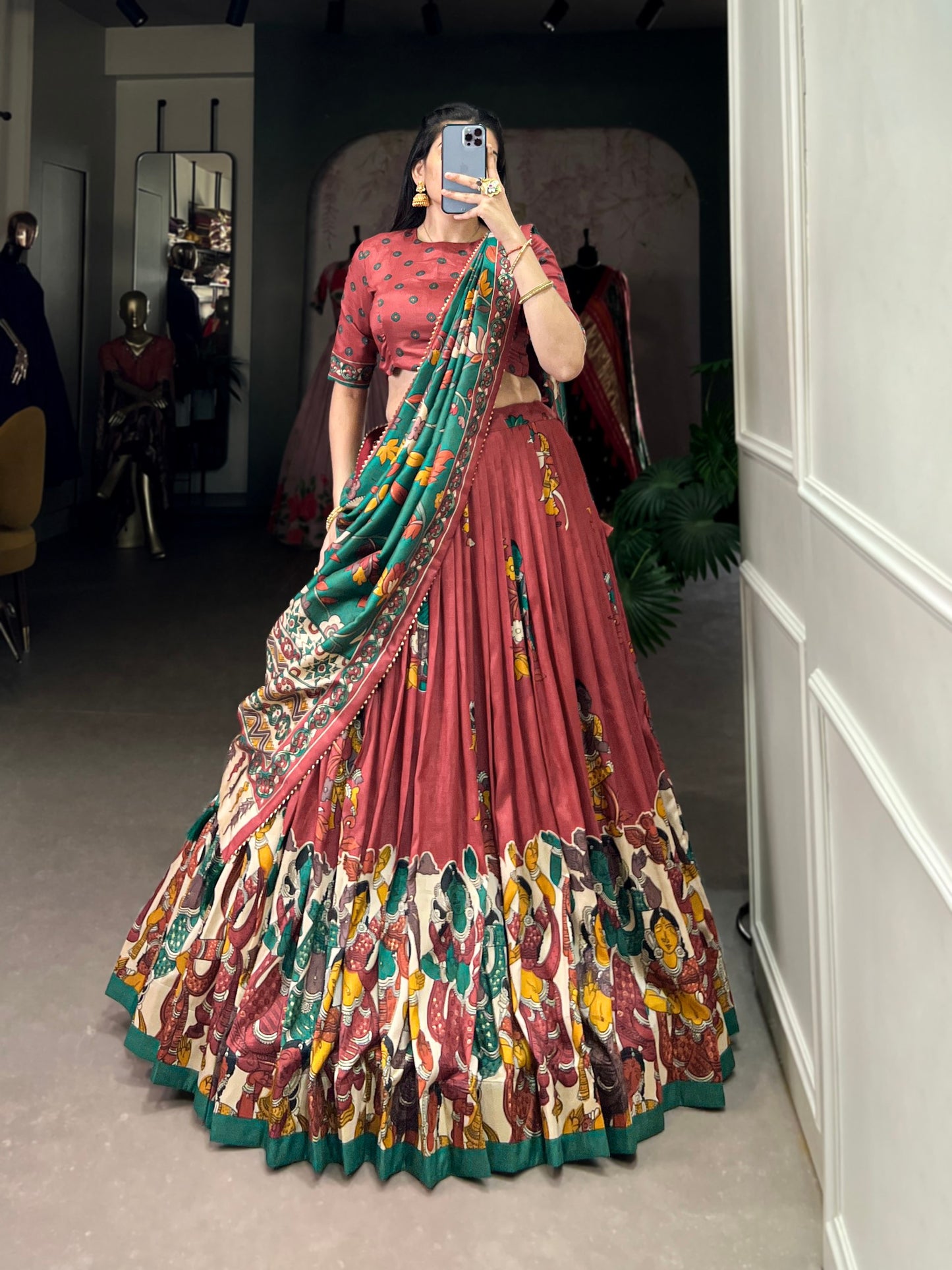 Light Maroon Tussar Silk Kalamkari Lehenga Set with Zari Weaving Border