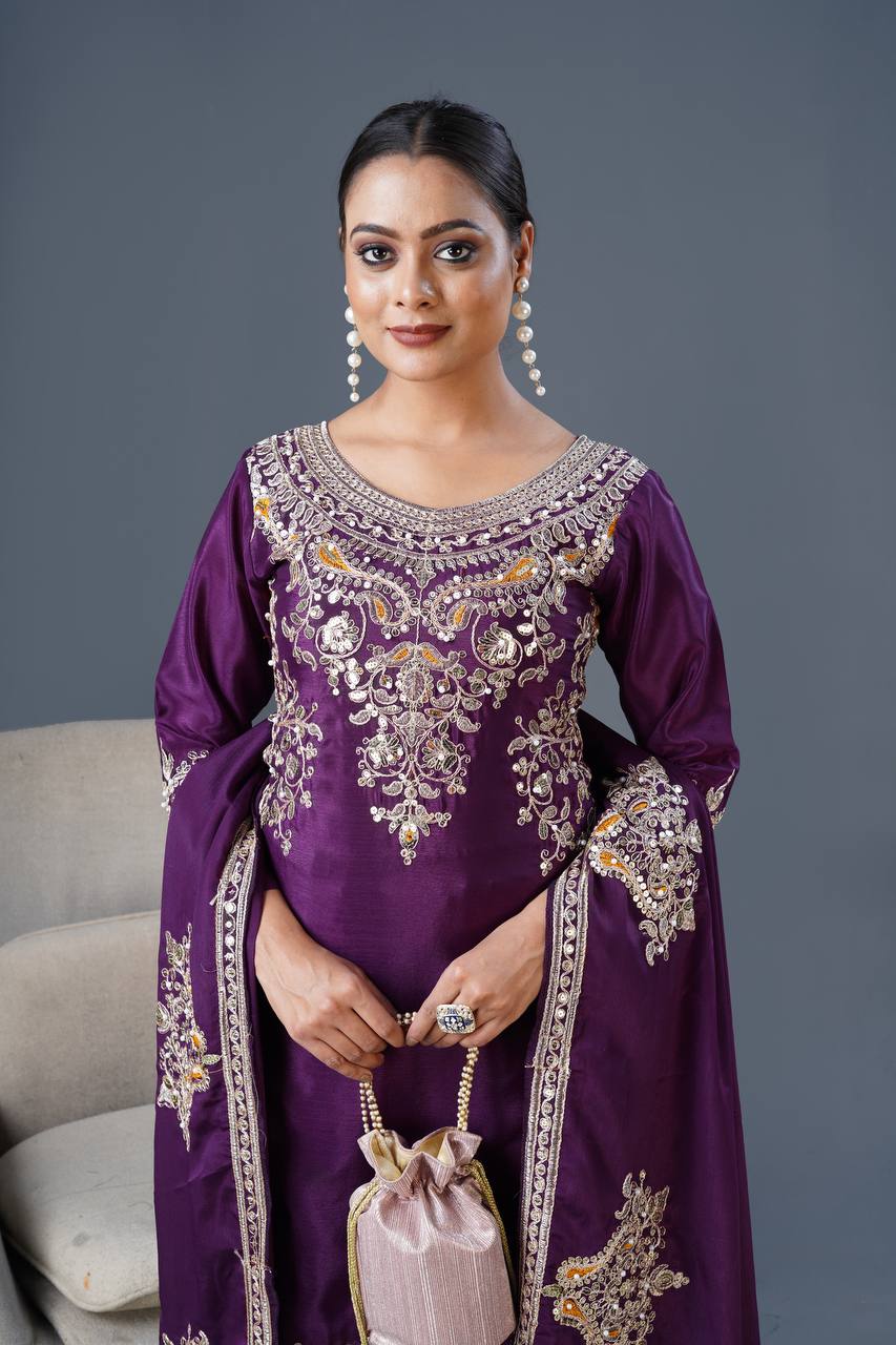 Purple Color Top Palazzo Suit With Dupatta in Chinon With Sequence Embroidery