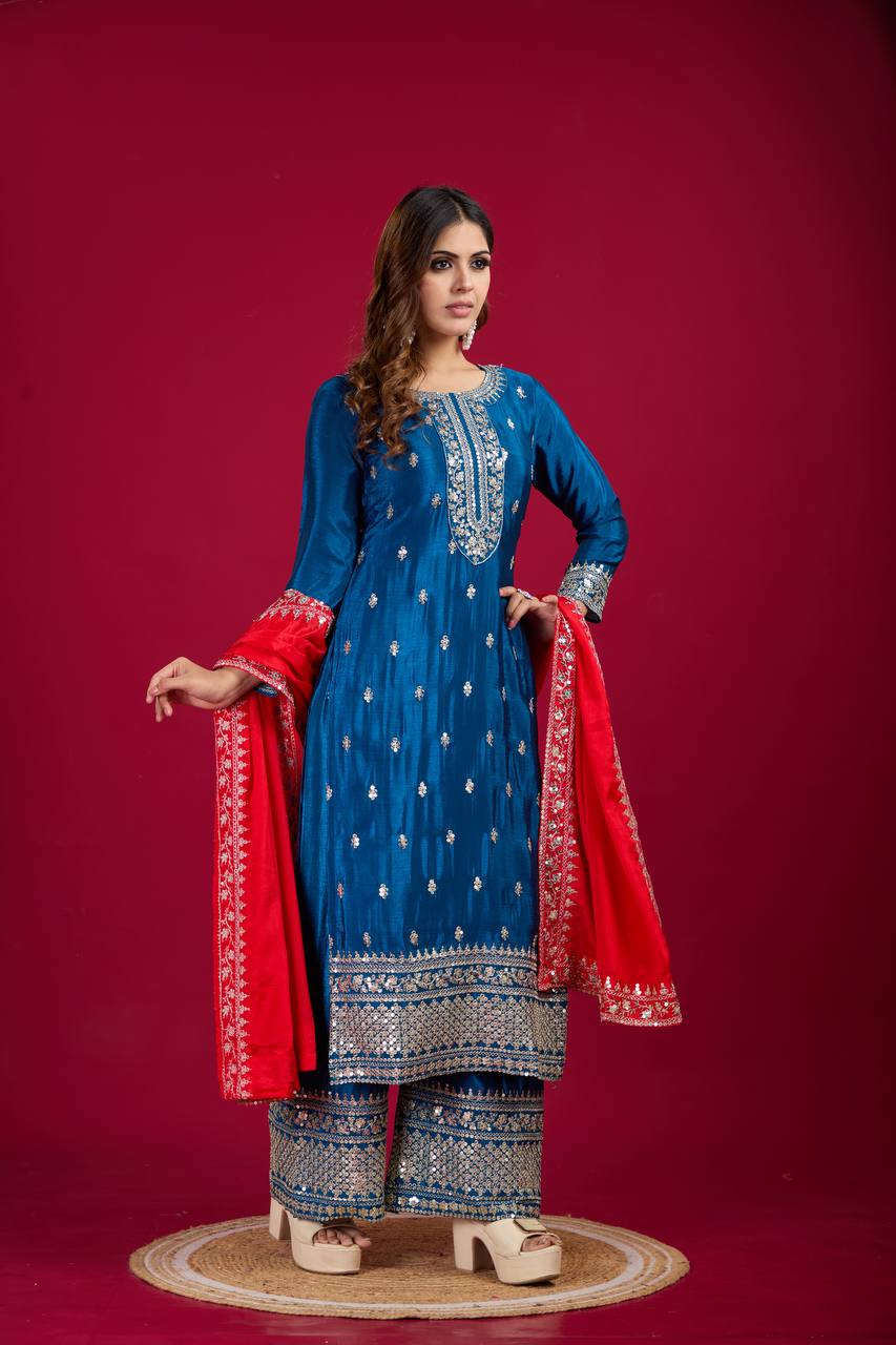 Blue-Red Chinnon Silk Embroidered Top-Bottom And Dupatta Set Fully Stitched Ready To Wear