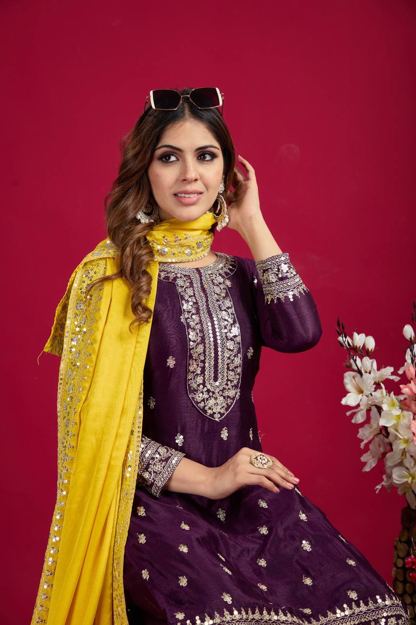 Wine-Yellow Chinnon Silk Embroidered Top-Bottom And Dupatta Set Fully Stitched Ready To Wear