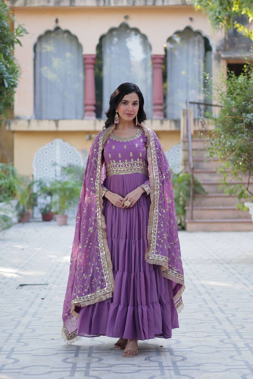 Purple Readymade Anarkali Suit In Ruffle Style