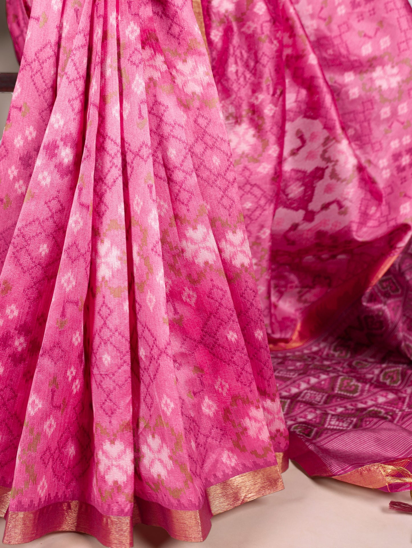 Pink Patola Love Jacquard Silk Saree with Zari Weaving Work & Unstitched Blouse