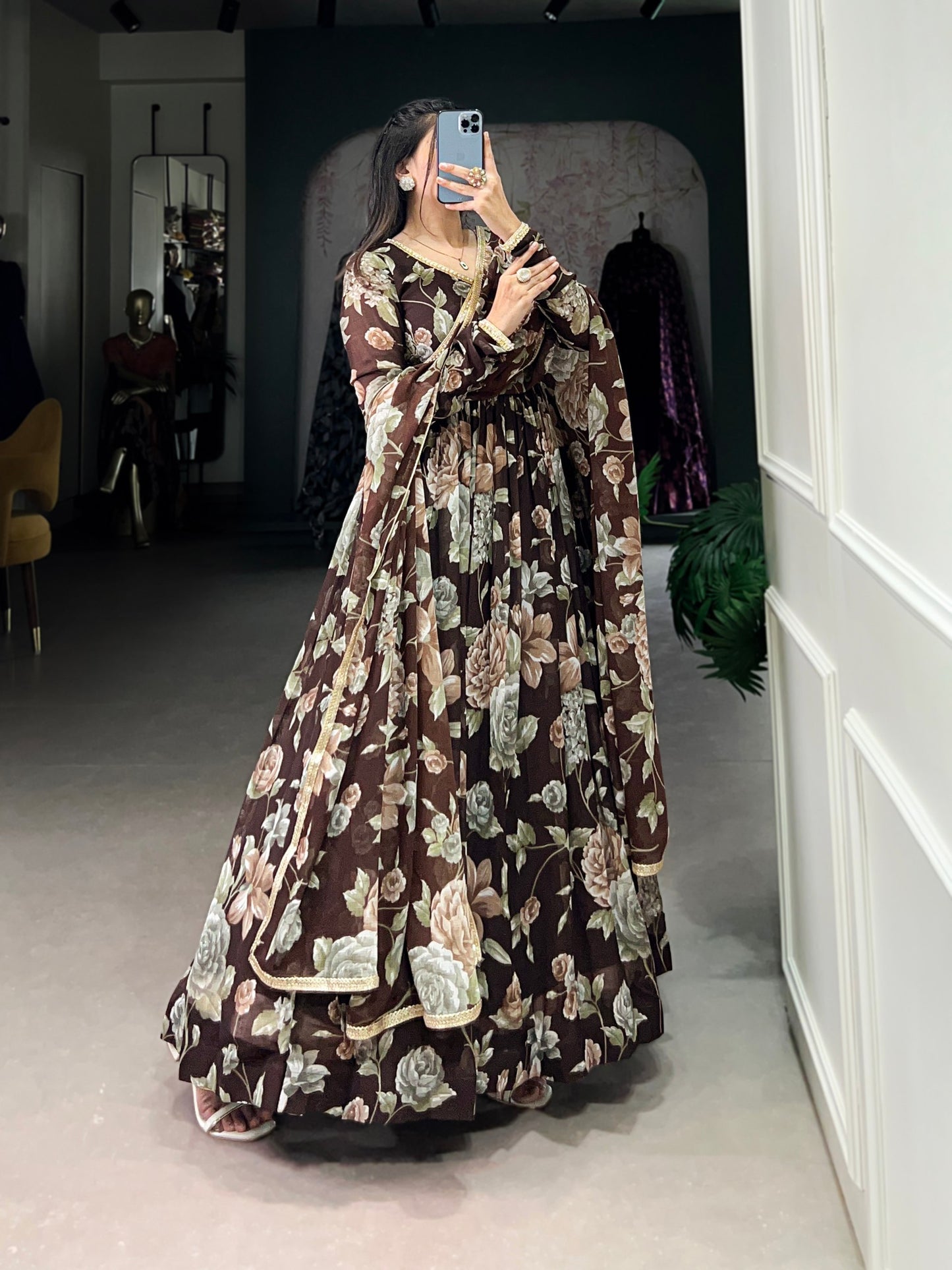 Brown Sculpted Beauty Floral Print Marbel Gown with Lace Touch-Up Dupatta