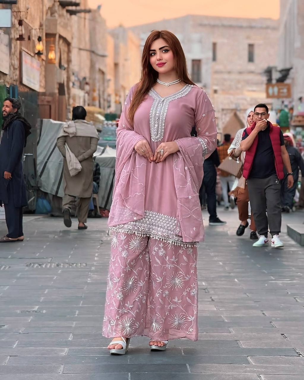 Progressive Light Pink Color Faux Georgette With Embroidery Sharara Suit