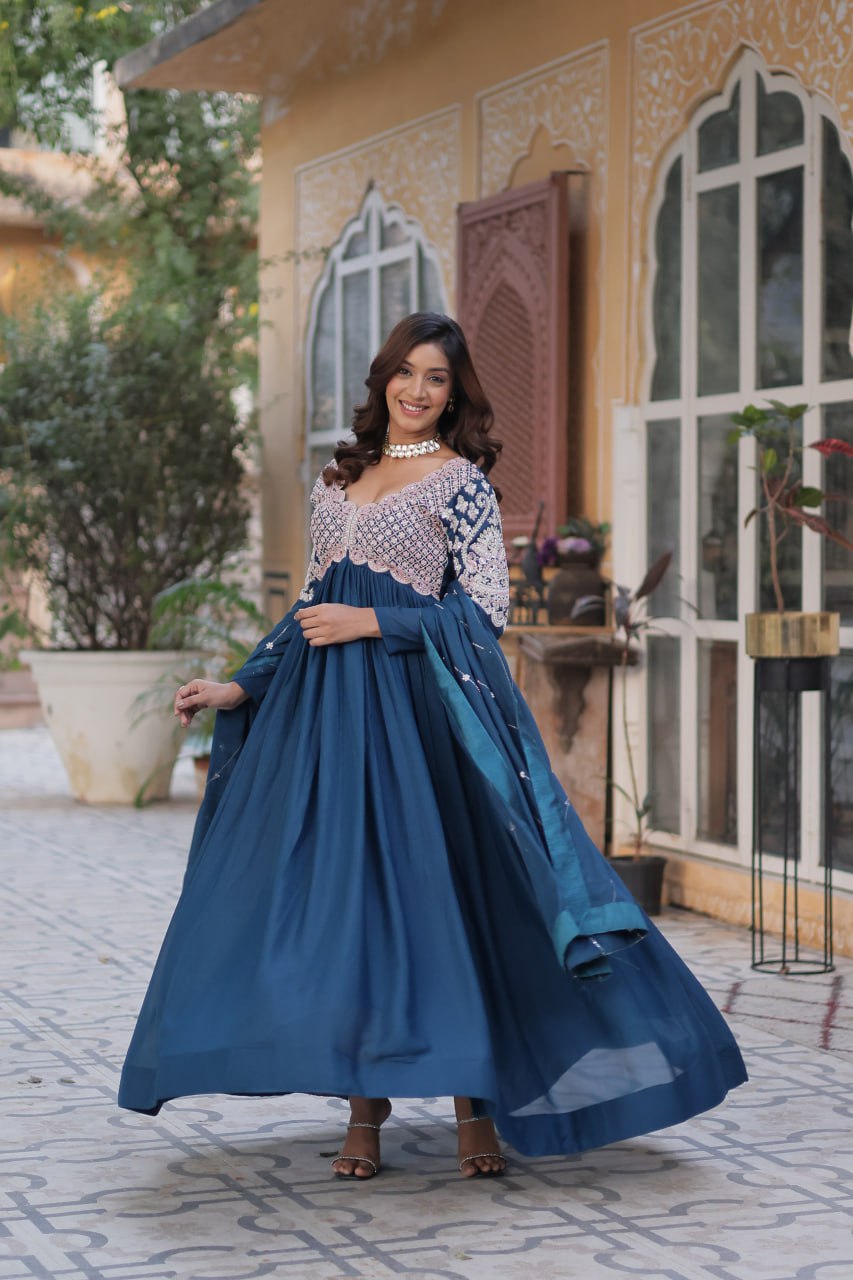 Attractive Blue Sequins Georgette Anarkali Gown With Dupatta