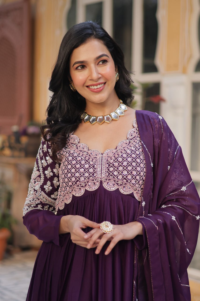 Adorable Wine Sequins Georgette Festival Wear Anarkali Gown