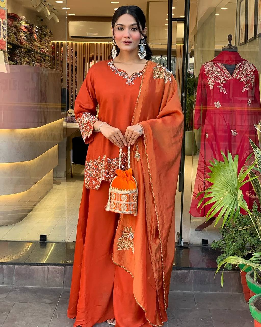 Elegant Orange Heavy Faux Georgette Embroidered Palazzo Suit – Fully Stitched