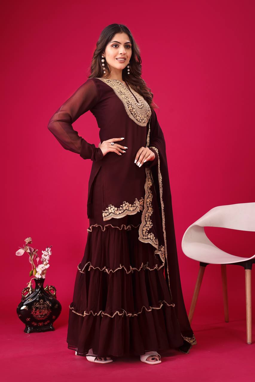 Rich Maroon Blooming Faux Georgette Embroidered Suit with Sequence & Thread Work – Fully Stitched