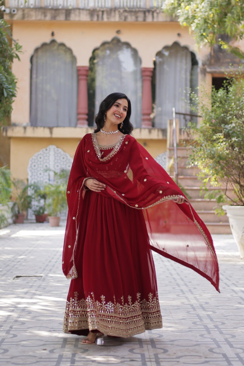 Red Faux Blooming Gown with Zari Sequins Embroidery & Dupatta | Fully Stitched Elegant Ethnic Wear for Weddings & Festive Occasions
