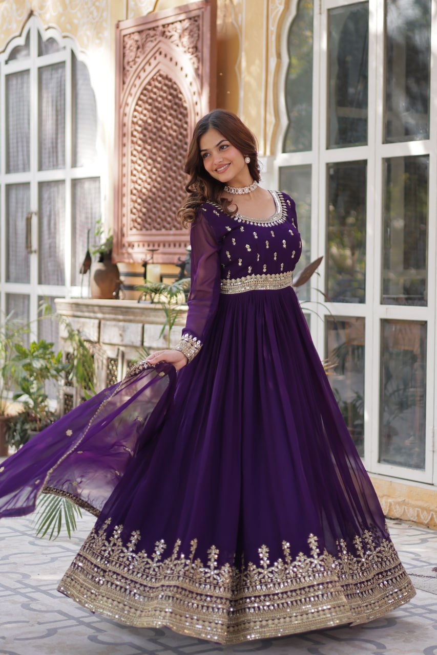 Purple Faux Blooming Gown with Zari Sequins Embroidery & Dupatta | Fully Stitched Elegant Ethnic Wear for Weddings & Festive Occasions