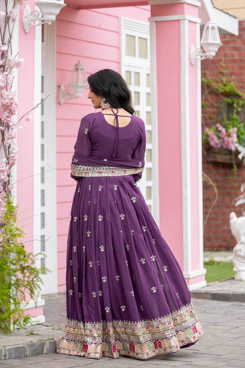 Light Purple Faux Georgette Embroidered Gown with Heavy Sequence Work and Dupatta | Fully Stitched Designer Ethnic Wear