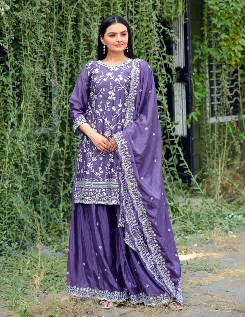 Purple Chinon Sharara Suit with Embroidery Sequence Work | Elegant Festive Wear