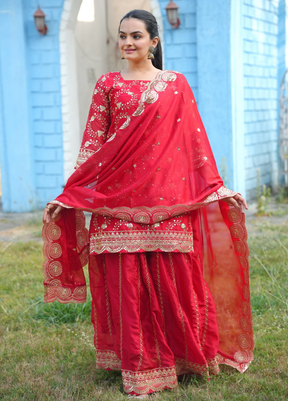 Red Rangoli Lehenga Suit with Embroidery Sequence Work | Elegant Festive Wear