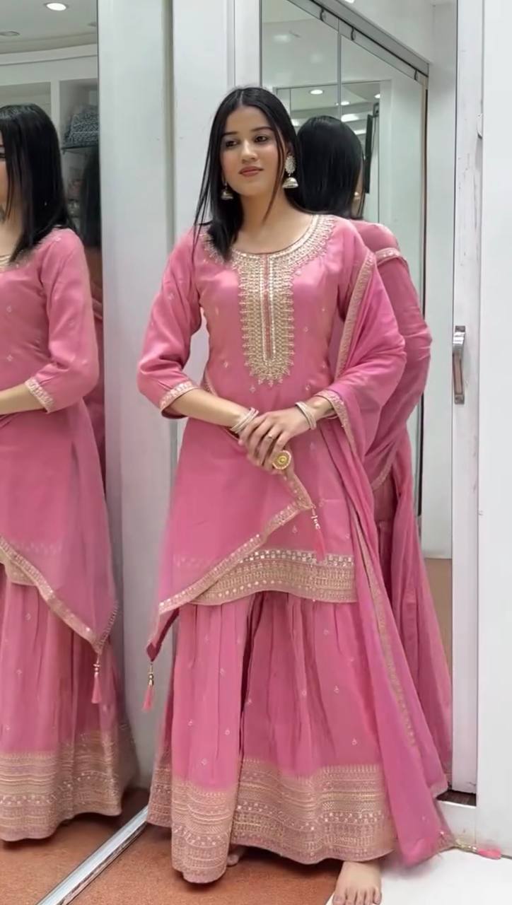 Elegant Pink Chinon Silk Sharara Set | Festive & Wedding Wear