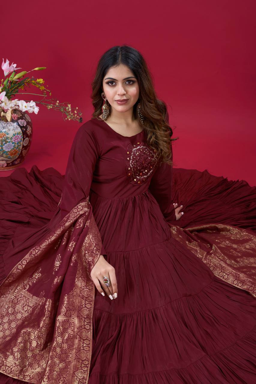 Elegant Maroon Roman Silk Gown Set | Festive & Wedding Wear