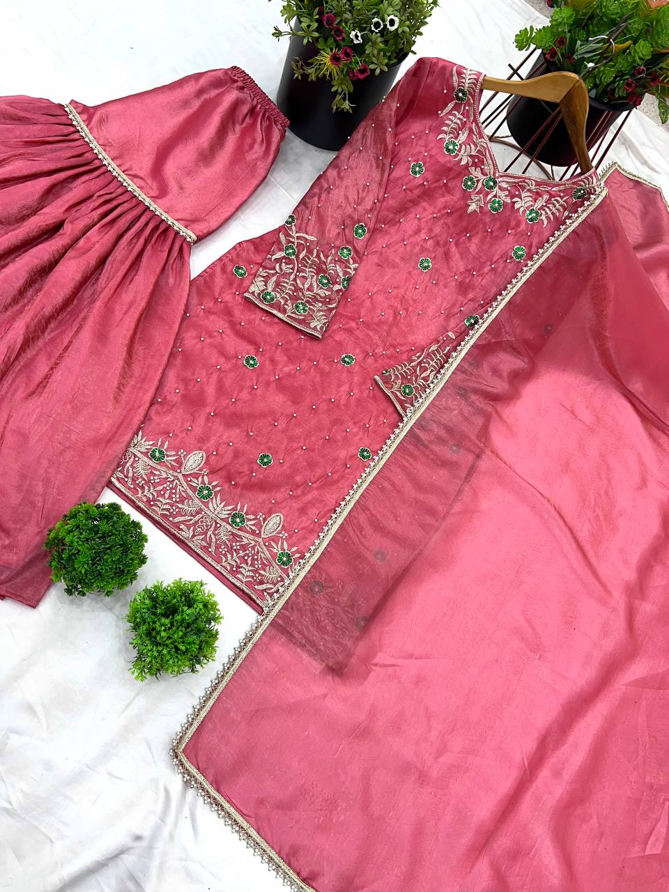 Gold Crush Embroidered Co-Ord Set with Plazzo and Dupatta – Ready-to-Wear Ethnic Outfit for Women