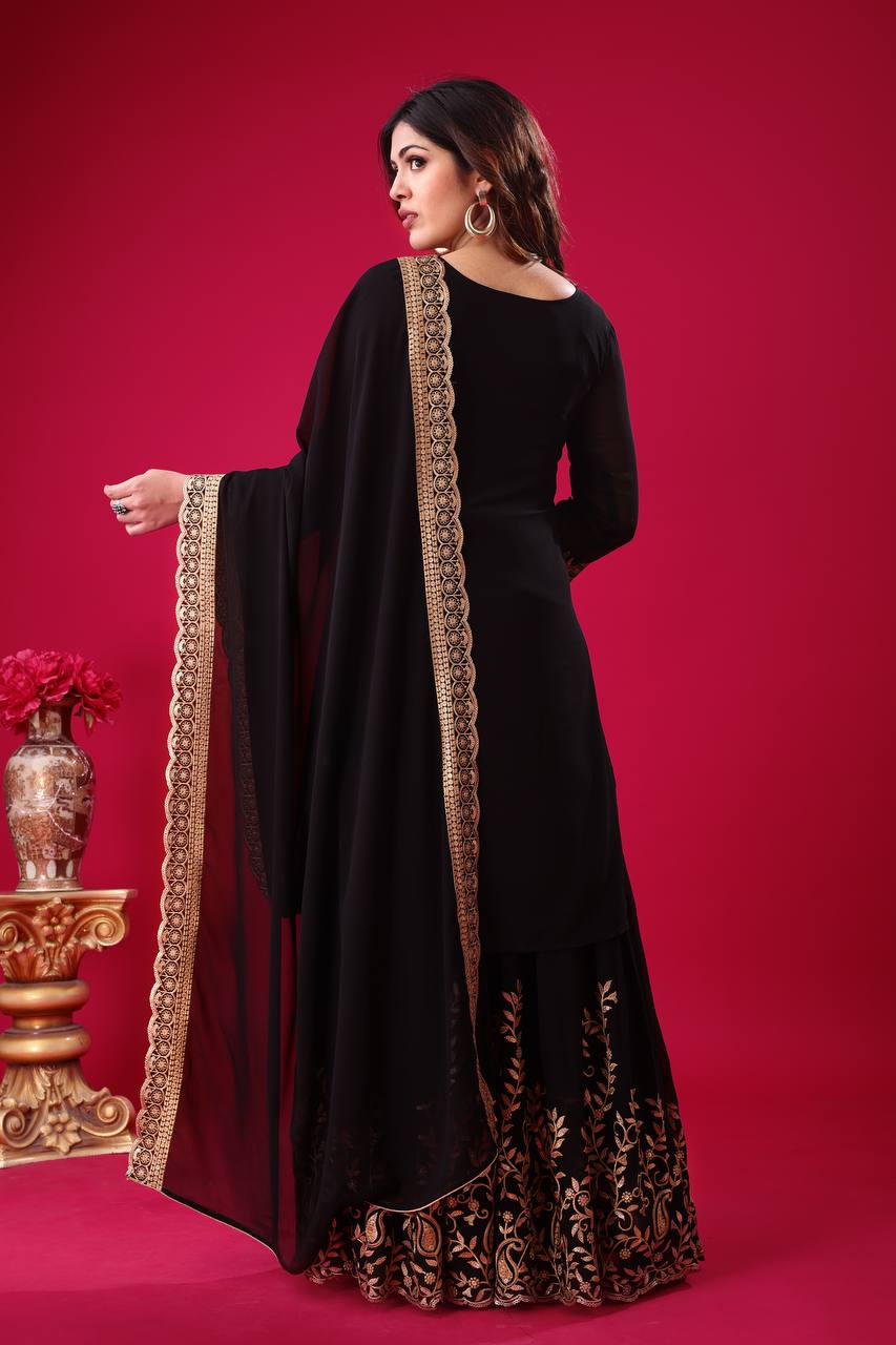 Blooming Faux Georgette Embroidered Black Co-Ord Set with Plazzo and Dupatta – Ready-to-Wear Ethnic Outfit for Women