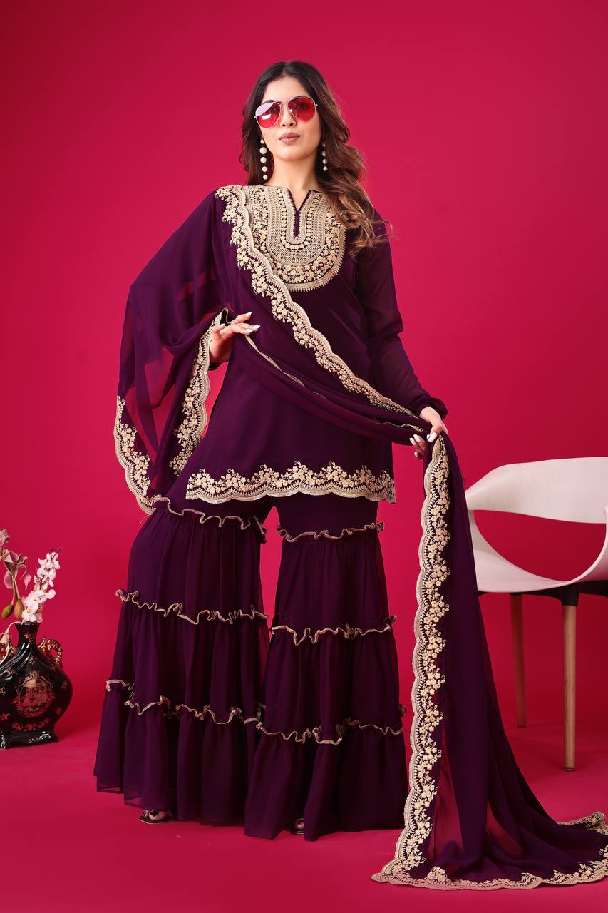 Blooming Faux Georgette Embroidered Co-Ord Set with Plazzo and Dupatta – Ready-to-Wear Indian Outfit for Women