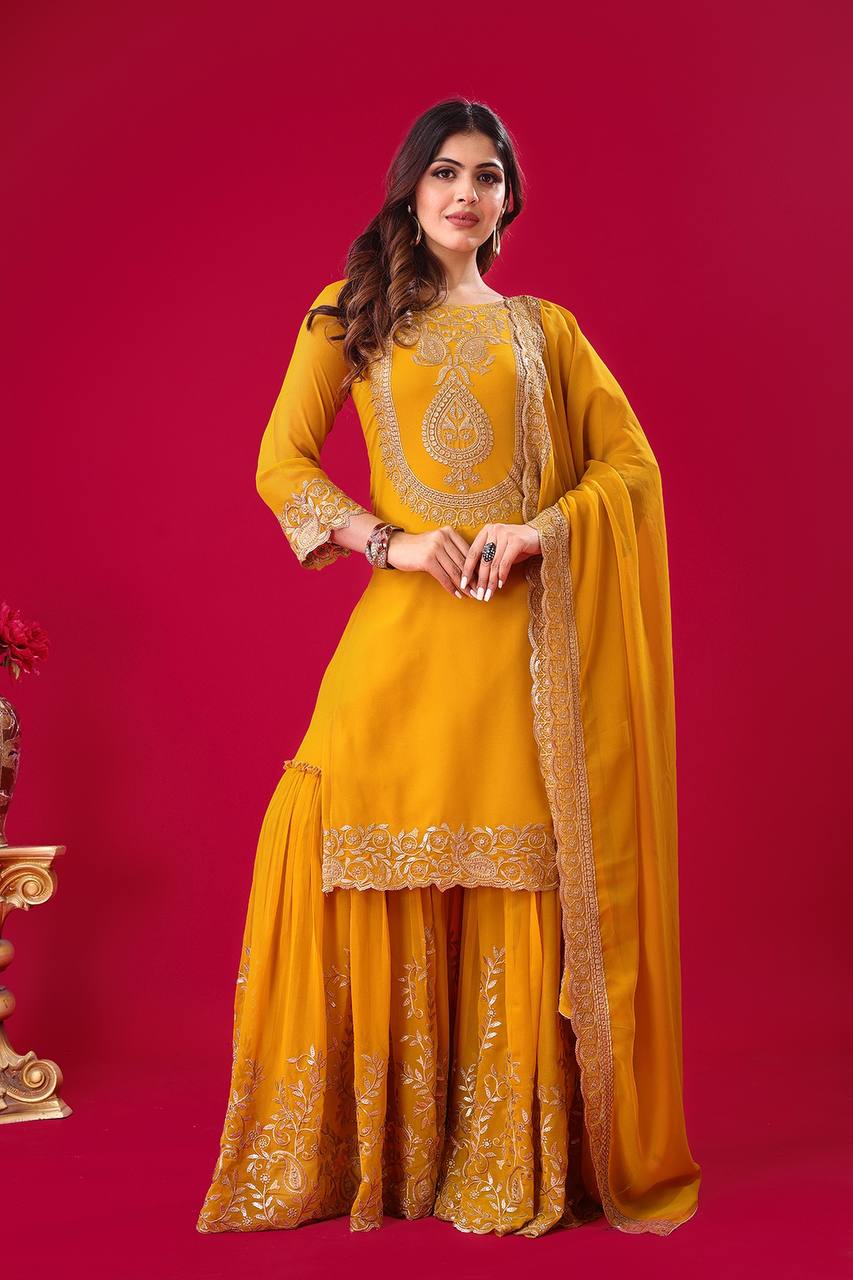 Blooming Faux Georgette Embroidered Yellow Co-Ord Set with Plazzo and Dupatta – Ready-to-Wear Ethnic Outfit for Women