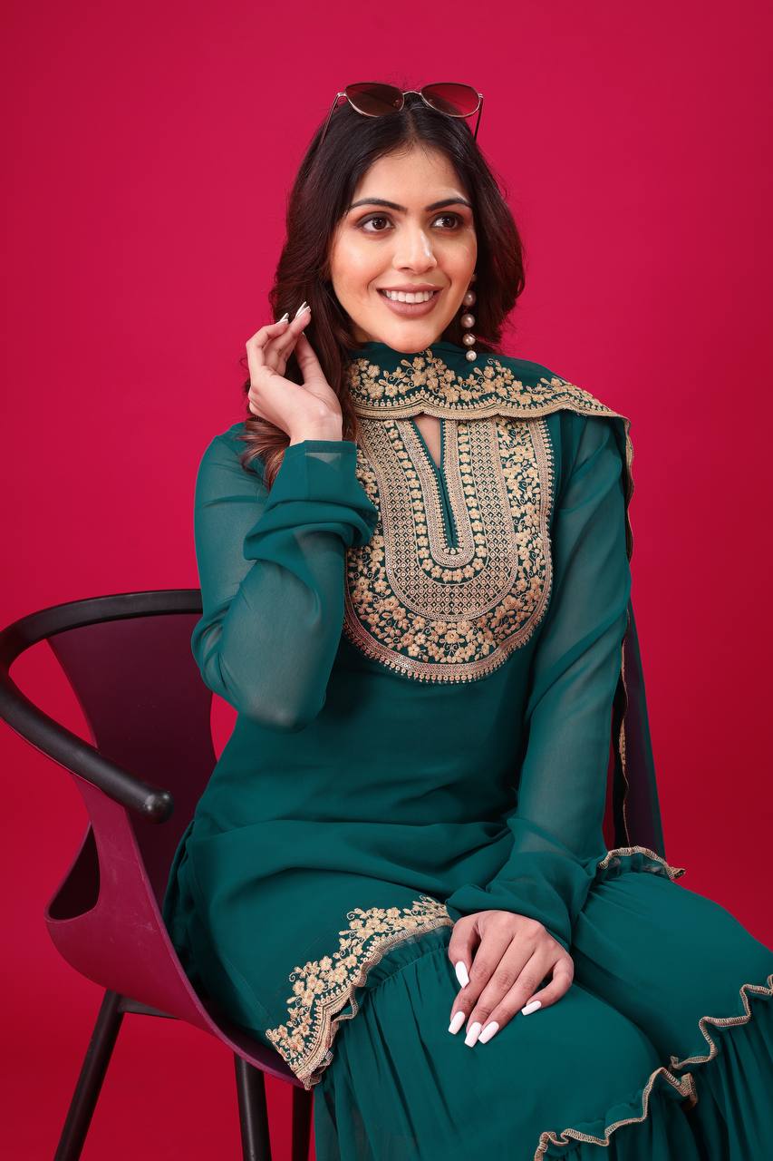 Blooming Faux Georgette Embroidered Co-Ord Set with Plazzo and Dupatta – Fully Stitched Ethnic Outfit for Women